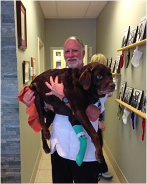 Dr. Kerr holding Guinness the dog
